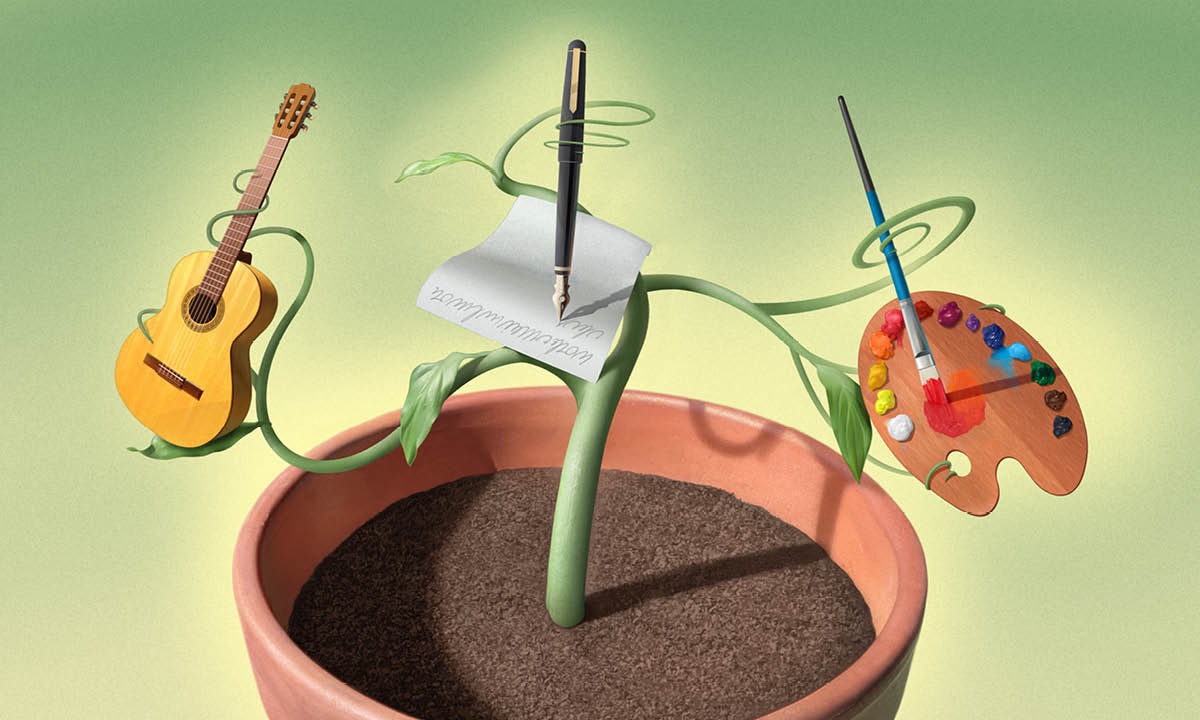 A potted plant appears to have a guitar, pen and paper, and an artist palette growing out of it