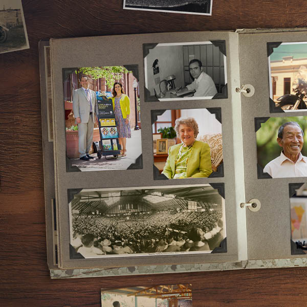 Mementos and an album of old and new photographs that depict Jehovah’s Witnesses and various forms of sacred service.