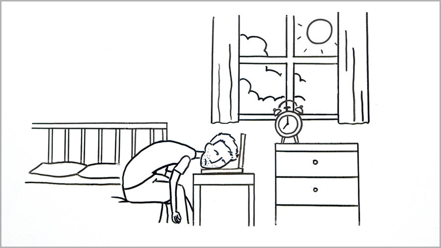 A scene from the video “Be Social-Network Smart.” A boy sleeps with his head on his laptop after staying up all night using it.