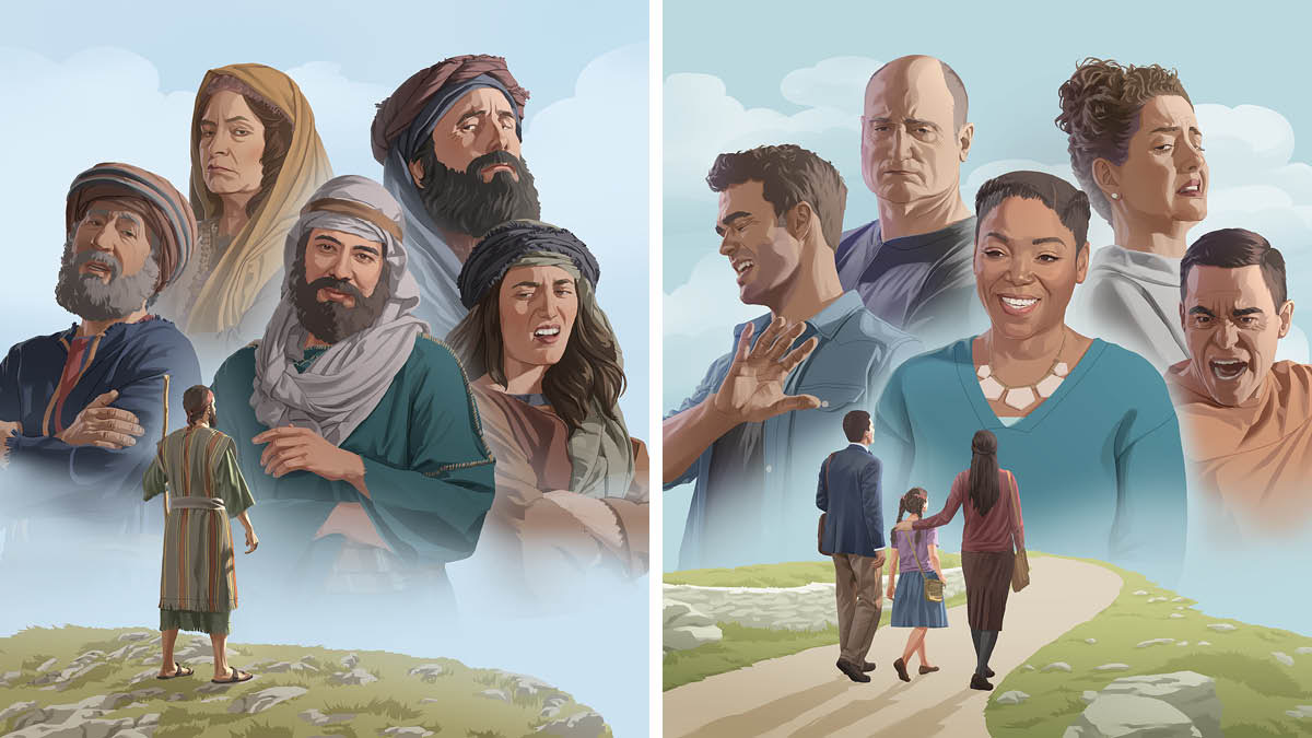 Collage: 1. Ezekiel in his preaching assignment. Most people reject his message, but one man listens kindly. 2. A father, mother, and daughter in the field ministry. Most people reject their message, but one woman listens kindly.