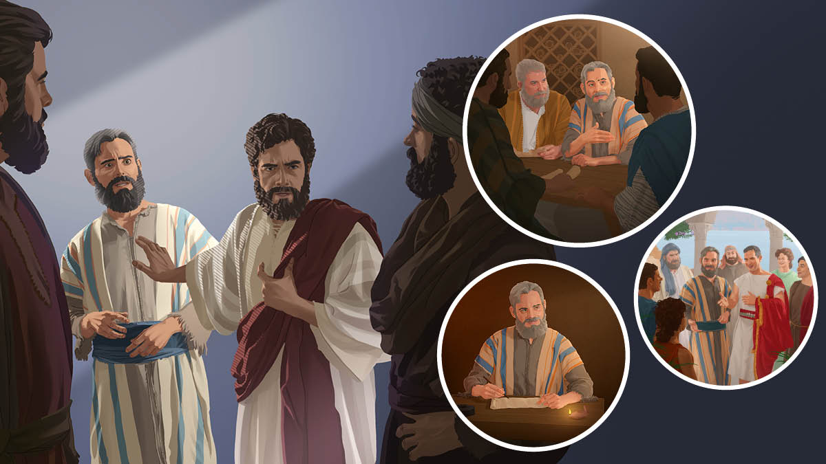 Jesus rebuking Peter in front of other apostles. Collage: Peter’s later responsibilities. 1. Peter meets with the apostles and older men in Jerusalem. 2. He visits Cornelius and his household. 3. He writes in a scroll.