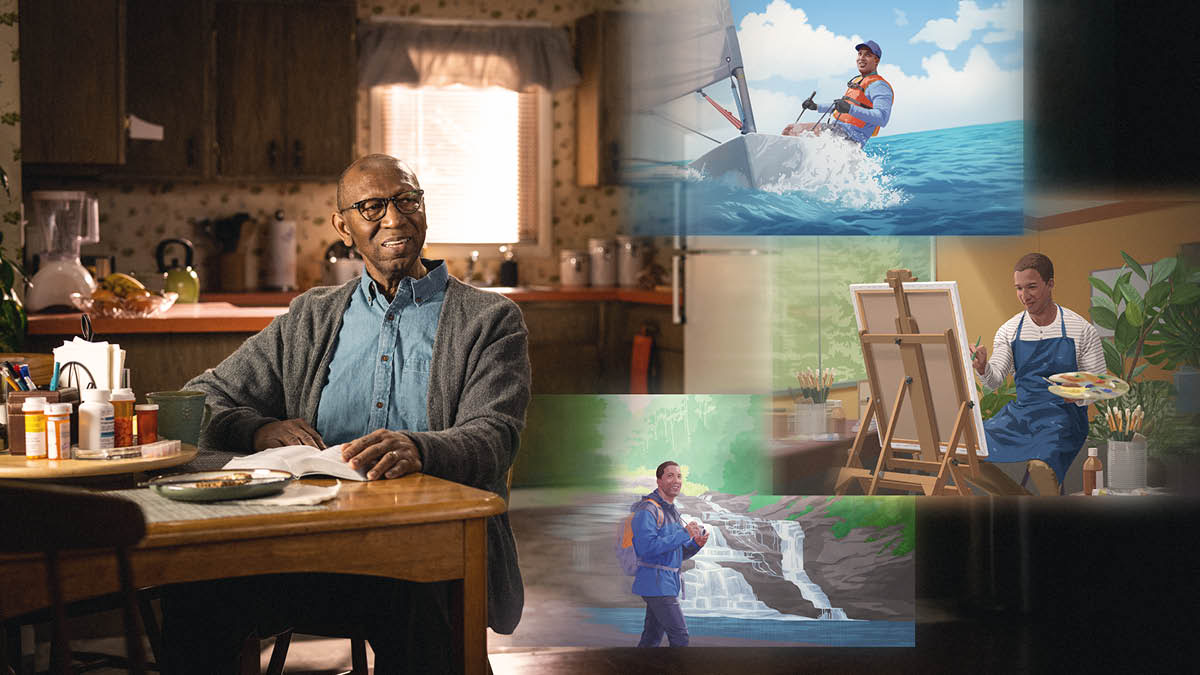 Collage: An older brother sitting at a table with many medications on it, reading the Bible and reflecting on the things he will be able to do with renewed vigor in the new world. 1. He is sailing. 2. He paints on a canvas. 3. He hikes by a waterfall.