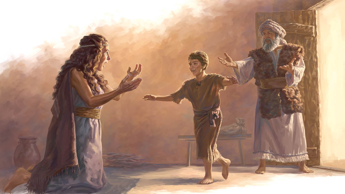 The widow of Zarephath joyfully receiving her resurrected son from the prophet Elijah.