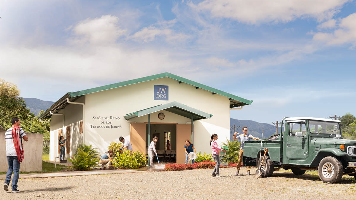 A group of brothers and sisters cleaning and maintaining a Kingdom Hall.