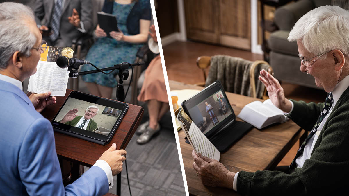 Collage: 1. A brother conducts an in-person meeting at a Kingdom Hall. He uses a tablet to see an infirm brother who is tied in via videoconferencing. 2. The elderly brother who is tied in from home raises his hand to give a comment. He is breathing oxygen through a tube.