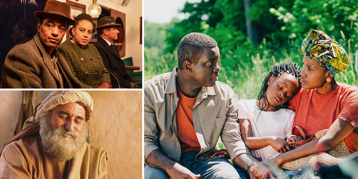 Collage: Highlights of Sunday’s program. 1. A couple on a passenger train. 2. A prophet. 3. A father talks with his wife and young daughter while they rest alongside a road.