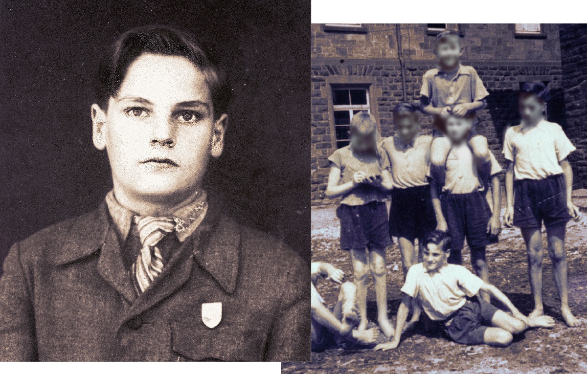 Collage: 1. A young Louis Arzt. 2. Louis with a group of boys at the reform school in Weingarten, Germany.
