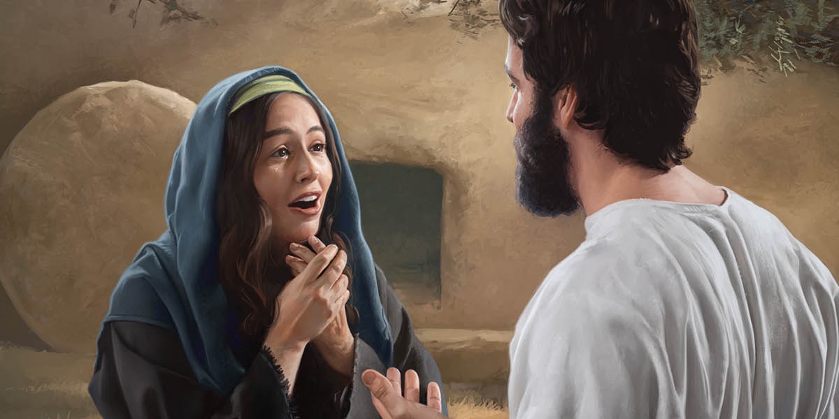 Mary Magdalene meeting the resurrected Jesus in front of an empty tomb.