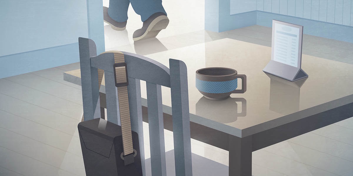 A man walking out of a coffee shop and forgetting his bag on a chair.