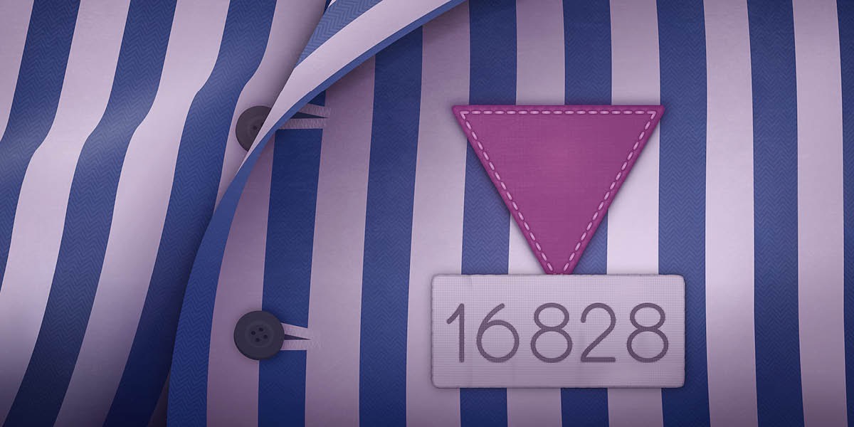 A striped uniform with a purple triangle and a prisoner’s number, used to identify Jehovah’s Witnesses in Nazi concentration camps.