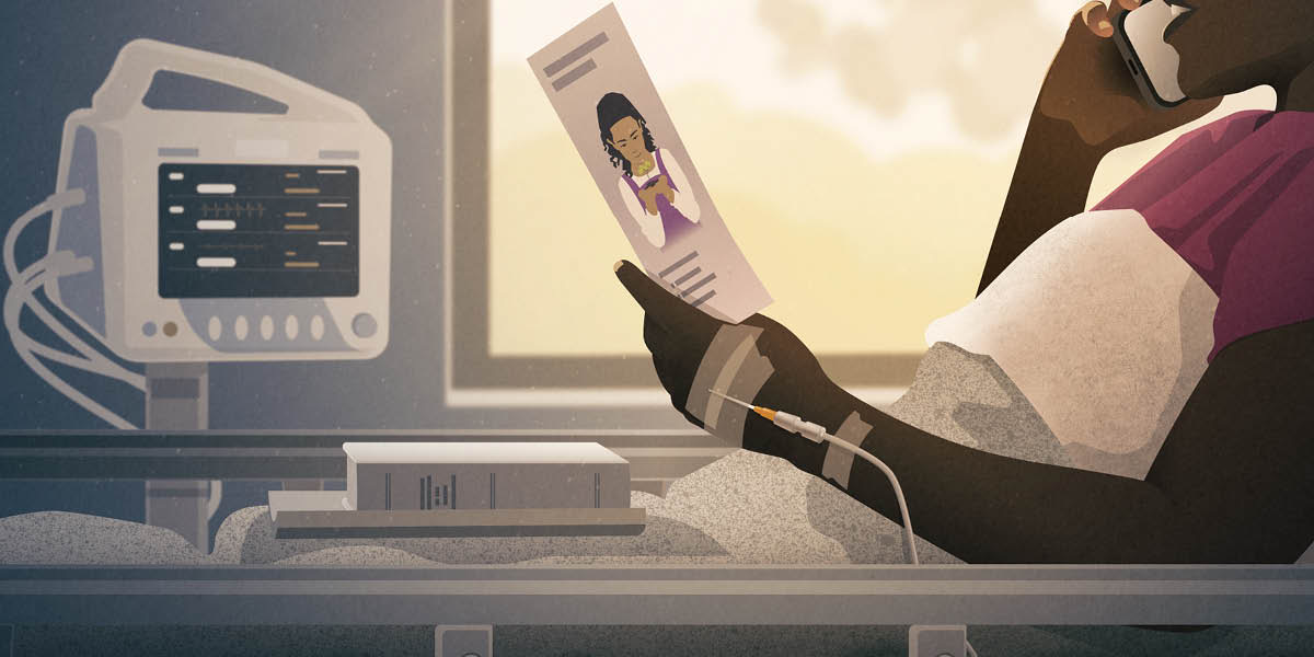 A woman in a hospital bed, talking on the phone about the Bible’s message.