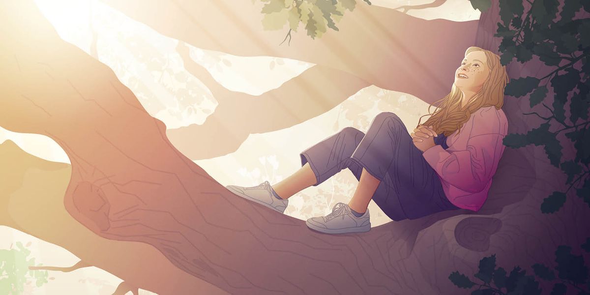 An adolescent girl looking contently at the brightening sky from the branch of a large oak tree.