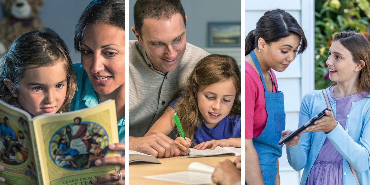 Collage: Parents training their daughter as she grows up. 1. The mother uses the book “Learn From the Great Teacher” to study with her young daughter. 2. The father helps his daughter, now older, to study a “Watchtower” article. 3. The daughter, even older, witnesses to a woman in the door-to-door ministry.