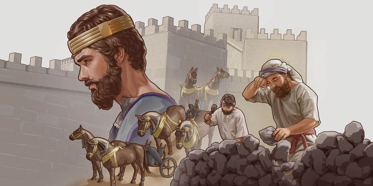 King Solomon contemplating a decision. Collage: 1. A fortified city. 2. Horses and chariots. 3. Two men laboriously building a stone wall.