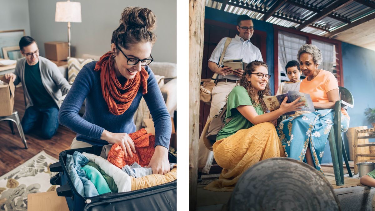 Collage: 1. A couple pack their belongings into boxes and a suitcase. 2. The same couple, now serving in a foreign land, share the good news with a woman.