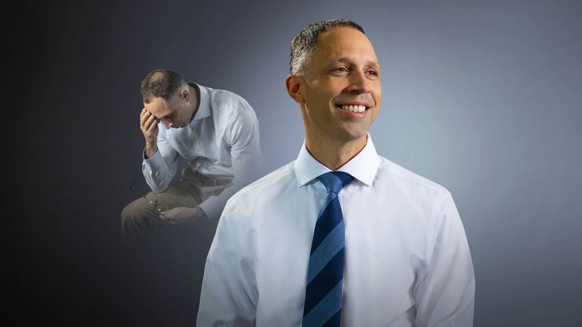 A brother agonizing over his past mistakes. Later, he looks happy and confident.