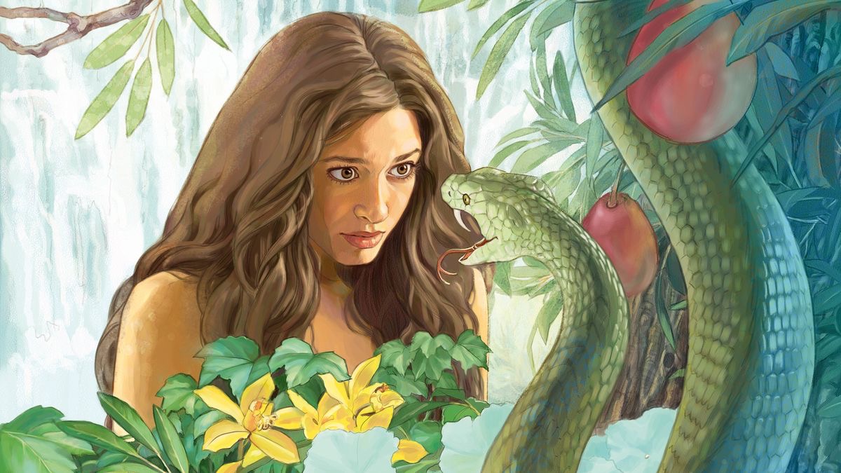 Satan using a serpent to talk to Eve.