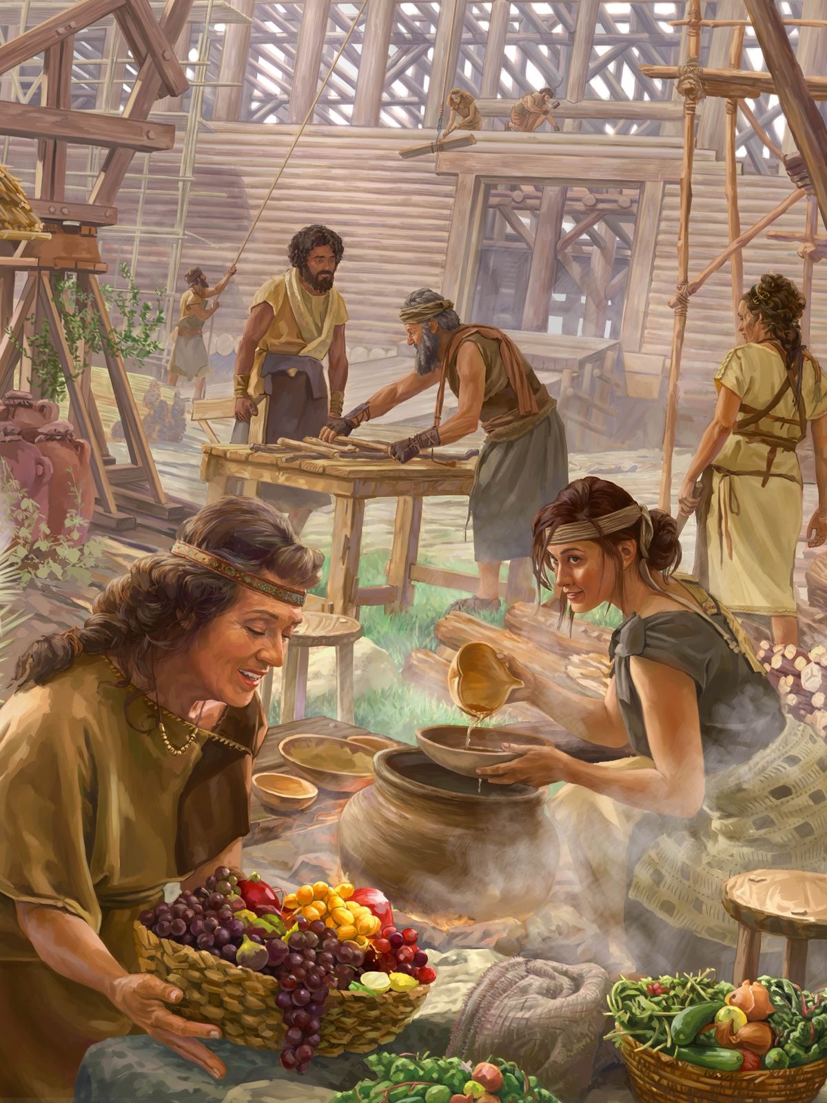 Noah and his family busily building the ark and preparing food.