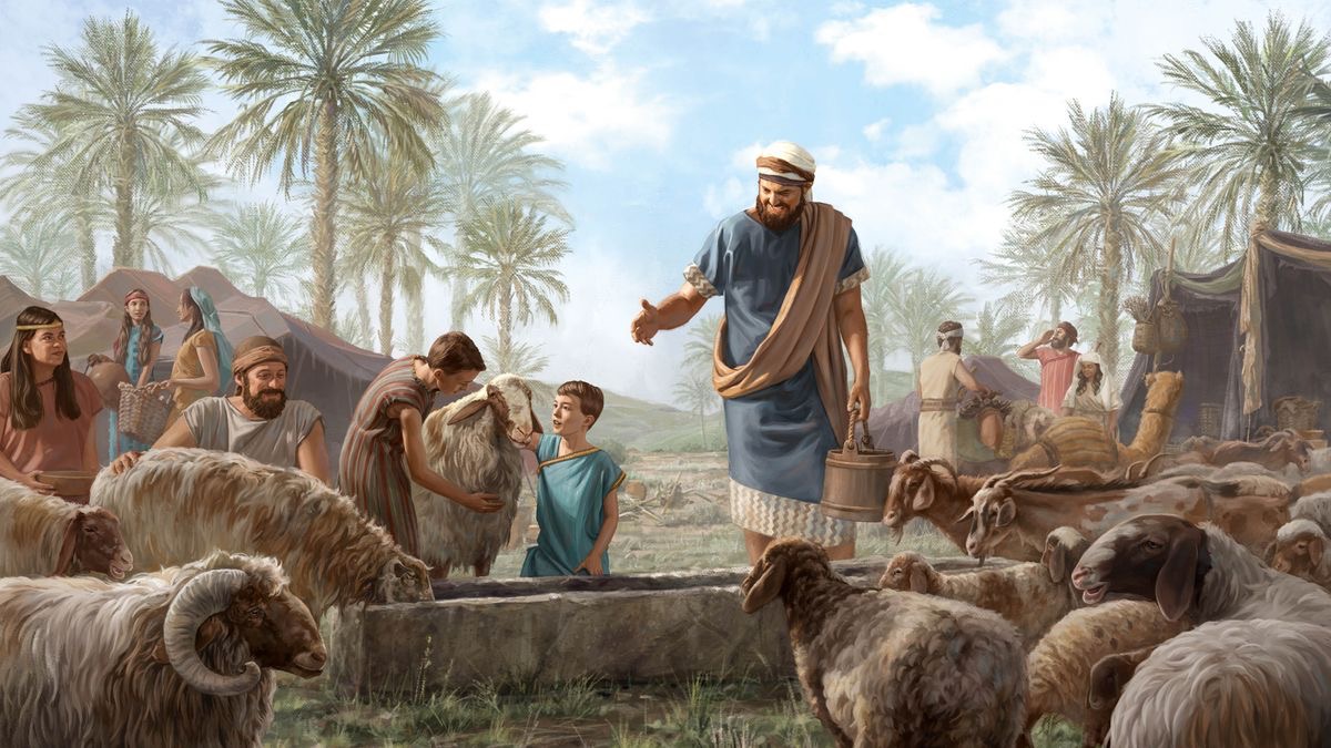 Jacob along with his family and servants watering a large flock of sheep and goats.