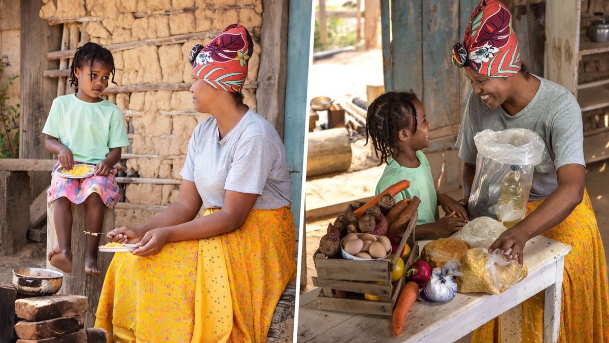 Collage: A mother and her young daughter facing economic hardship. 1. They sit outside their modest home and eat a meager meal. 2. They rejoice over a package of relief supplies.
