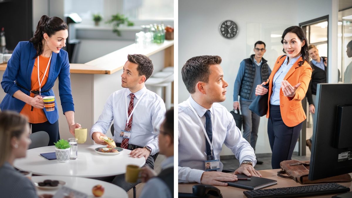 Collage: 1. A female workmate offers a brother a cup of coffee, during their lunch break. 2. The same female workmate invites the brother to go out with her and others after work.