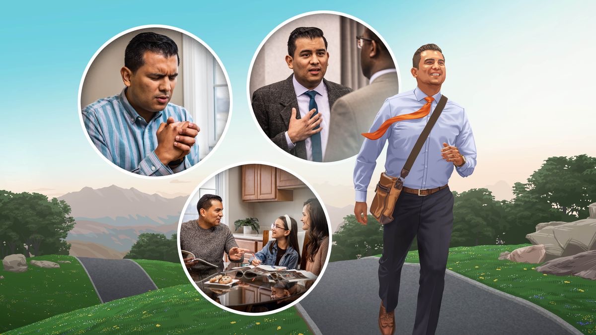 A brother running on a hilly road. Insets show him praying, conducting family worship, and apologizing to another brother. The scenes are repeated in this article in paragraphs 4-9.