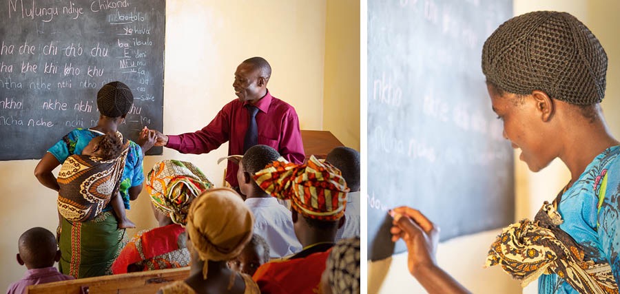 Collage: Literacy classes held in Lilongwe, Malawi, 2014. 1. A brother teaching Chichewa to men, women, and children at a Kingdom Hall. 2. A woman writing on a chalkboard at a Kingdom Hall.