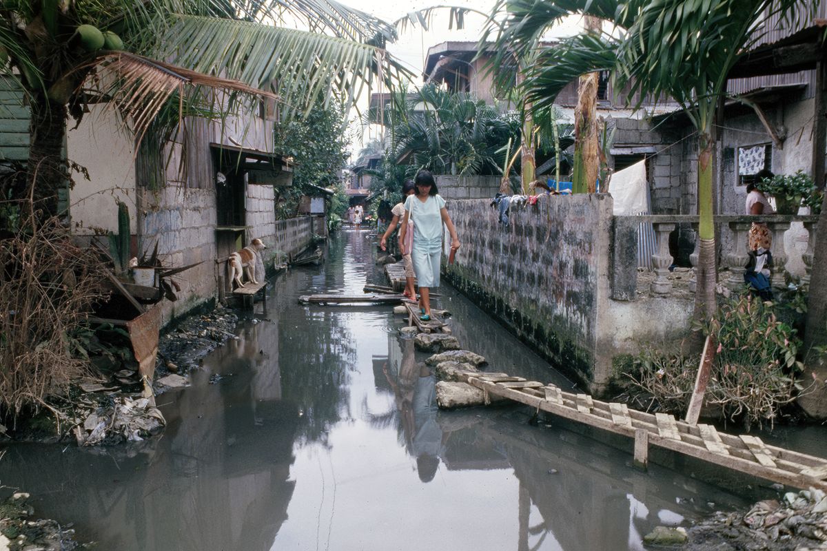 Two sisters in the field ministry, walking on wooden planks in a flooded neighborhood.