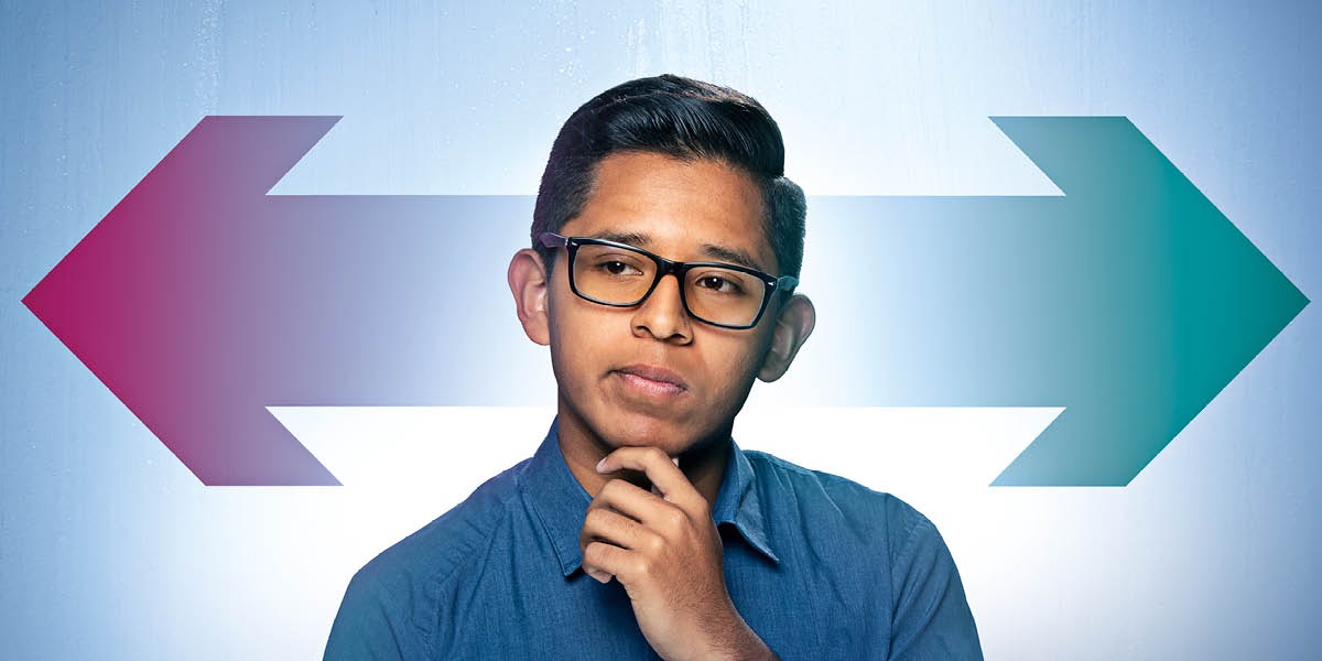 A teenage boy making a decision. There are graphic arrows behind him that represent right and wrong.