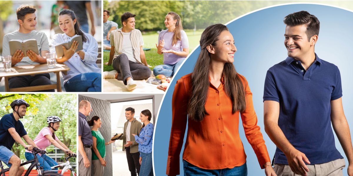 A young couple who are dating and enjoying activities together. Collage: 1. They read the Bible together. 2. They enjoy conversation and a picnic lunch. 3. They go bike riding. 4. She introduces him to her parents.