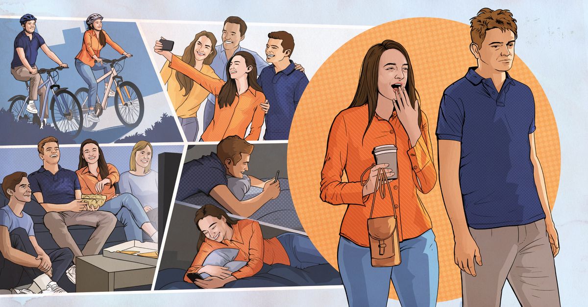 The couple shown earlier feeling exhausted after their day’s activities. Collage: 1. They bike together. 2. They take a selfie with friends. 3. They watch TV with friends in the evening. 4. They text each other late at night.