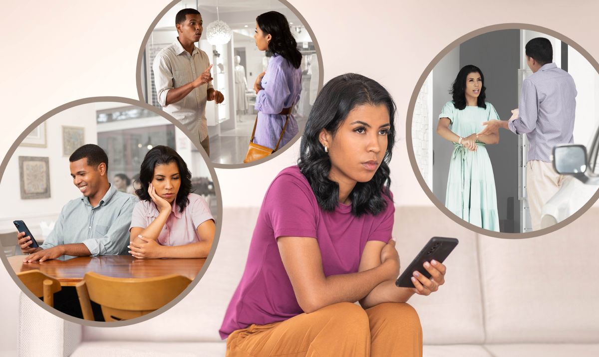 Collage: The young woman shown earlier, reflecting on past disagreements with her boyfriend. 1. The boyfriend is looking at his smartphone and ignoring her. 2. He argues with her while they shop for clothes. 3. She is pointing at her watch as he arrives at her front door.
