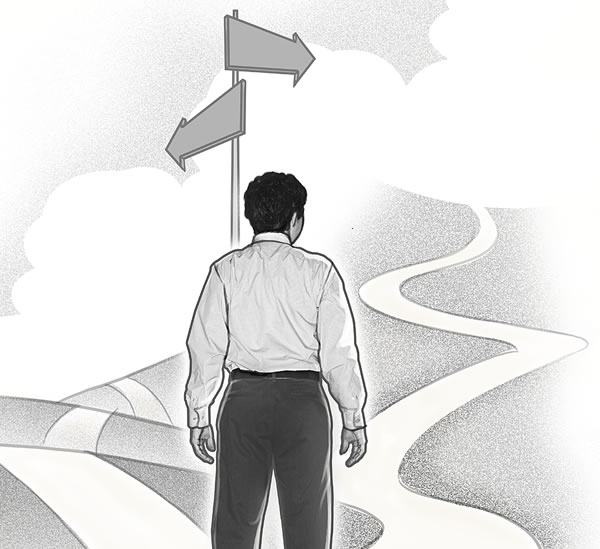 A youth at a crossroads deciding which road to follow