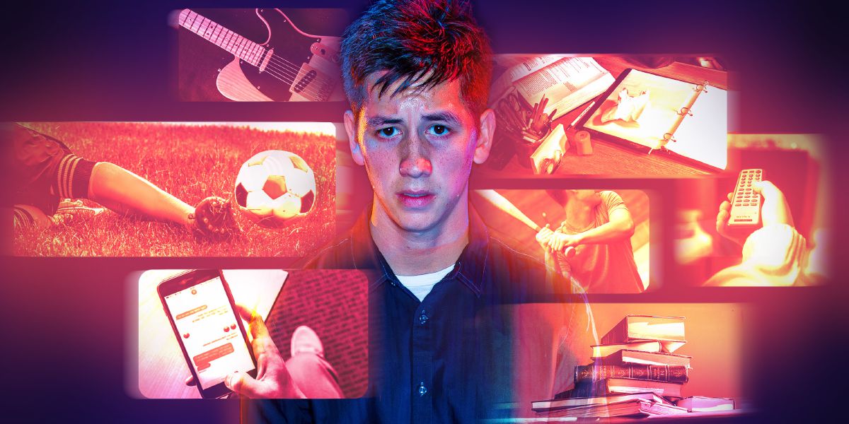 A young man is overwhelmed by technology, sports, recreation, and schoolwork