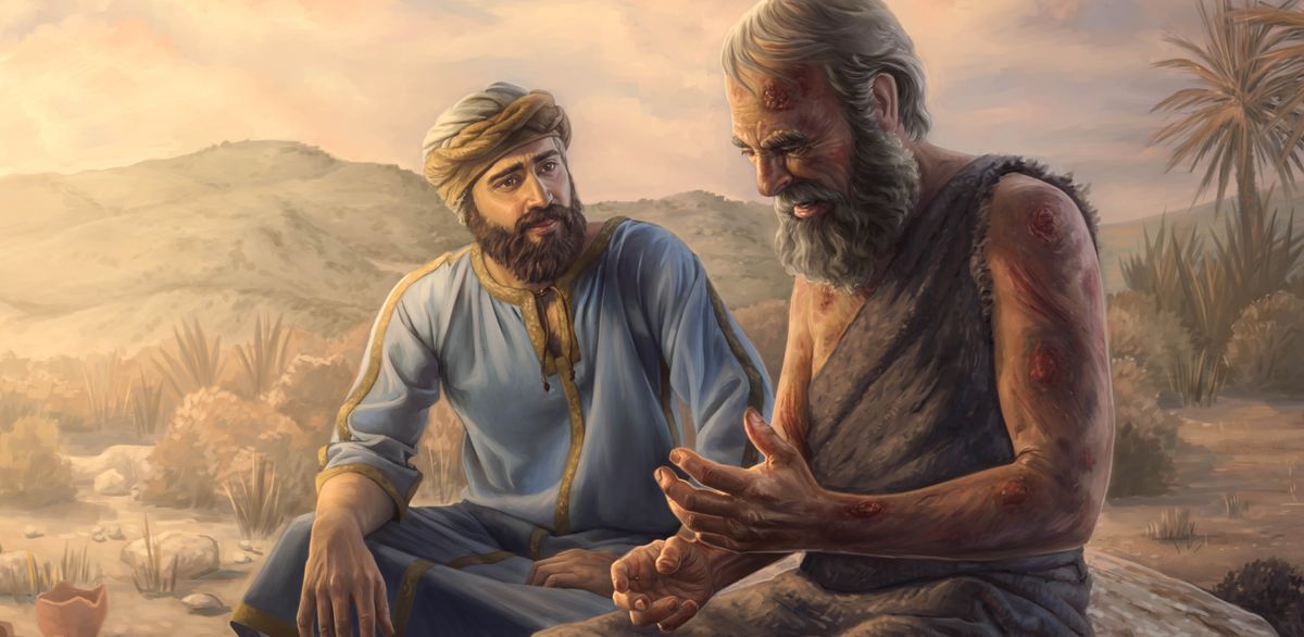 Elihu listening empathetically to Job, who is covered in boils.