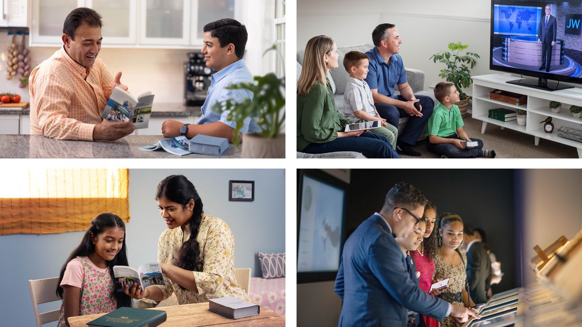 Collage: 1. A father discusses with his son a point from the book “Organized to Do Jehovah’s Will.” 2. A family watches JW Broadcasting. 3. Another family visits one of the museums at Bethel. 4. A mother uses a “Yearbook of Jehovah’s Witnesses” and the book “Jehovah’s Witnesses​—Proclaimers of God’s Kingdom” to study with her daughter.