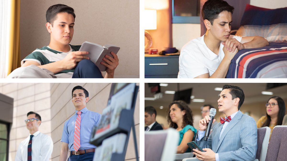 Collage: A young brother maintaining a good spiritual routine. 1. He reads the Bible. 2. He prays intensely. 3. He comments at a meeting. 4. He participates in cart witnessing.