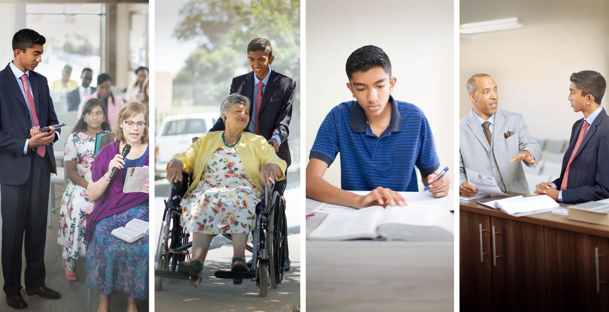Collage: A young brother supporting Jesus’ rulership. 1. He helps with the microphones during a congregation meeting. 2. He assists an older sister who is in a wheelchair. 3. He does personal Bible study. 4. He receives training from another brother for a congregation assignment.