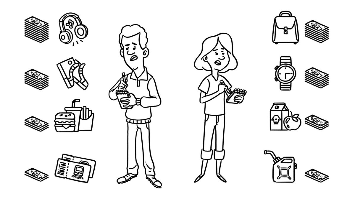 A scene from the video “How to Manage Your Money.” The teenage boy and the teenage girl each make a list of the things they need and want, and they write down how much each item costs. The boy’s list consists of headphones, shoes, food, and train tickets. The girl’s list consists of a purse, a watch, food, and fuel.