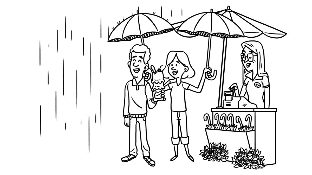 A scene from the video “How to Manage Your Money.” The teenage girl buys two umbrellas while it is raining. One umbrella is for her and the other is for her brother, who used his money to buy ice cream.