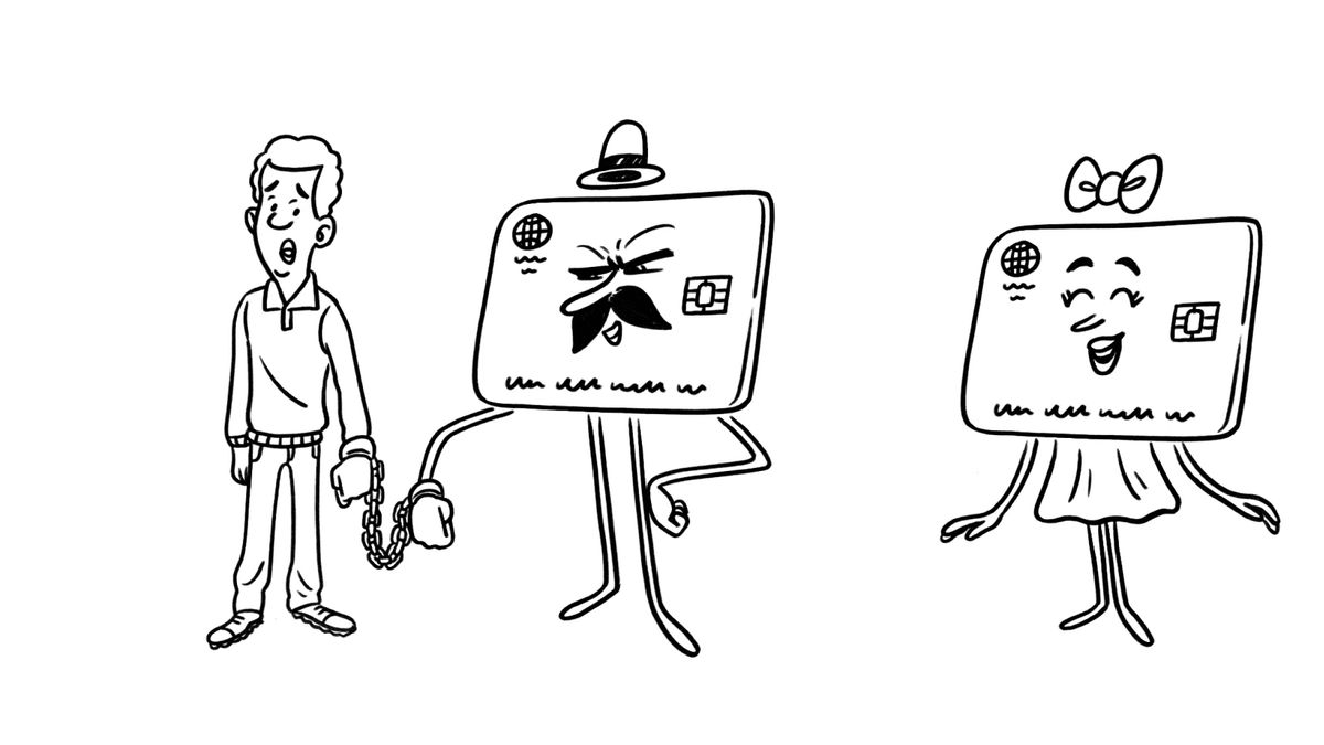 A scene from the video “How to Manage Your Money.” The teenage boy is handcuffed to a gigantic animated credit card while another credit card smiles at him.