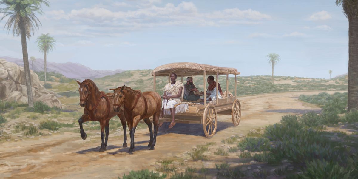 Philip sitting alongside an Ethiopian man and explaining the Scriptures to him in a four-wheeled horse-drawn carriage with a driver.