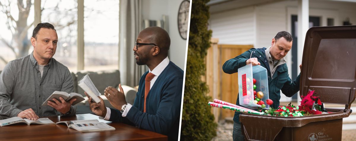 Collage: 1. A brother reasons on a scripture with a man during their Bible study. 2. The man dumps his Christmas decorations into a trash can.