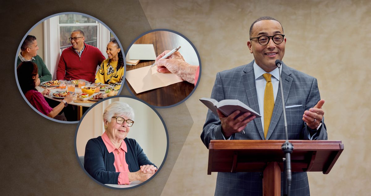 An elder giving a talk at a congregation meeting. Collage: Ways we can show appreciation for the elders. 1. A couple enjoys a meal with the elder and his wife. 2. An elderly sister prays. 3. The elderly sister writes a card.