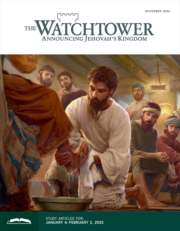 Jesus washing the feet of one of his apostles as the other apostles observe in disbelief.