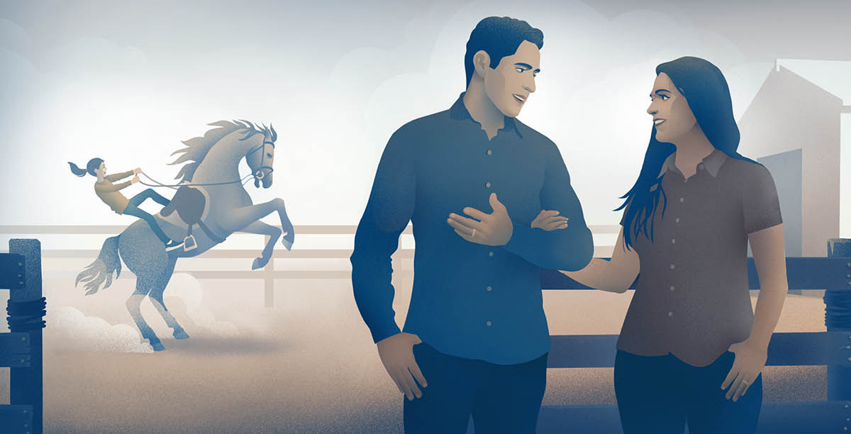 Parents conversing. They are totally oblivious that their daughter is being thrown off a horse nearby.
