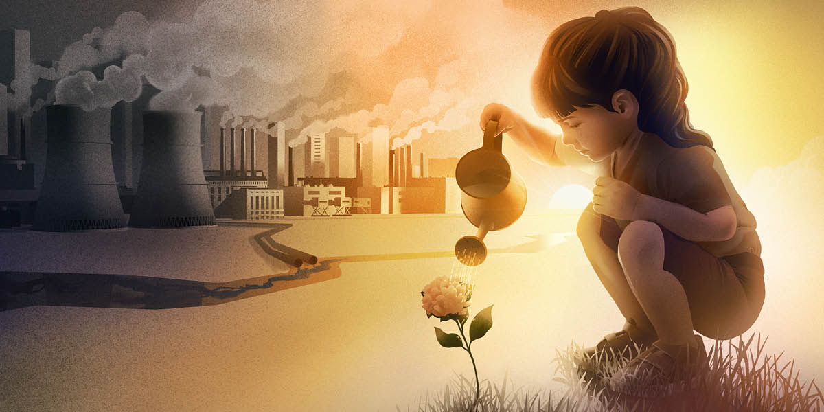 A young girl watering a flower. In the distance, industrial buildings pollute the environment.