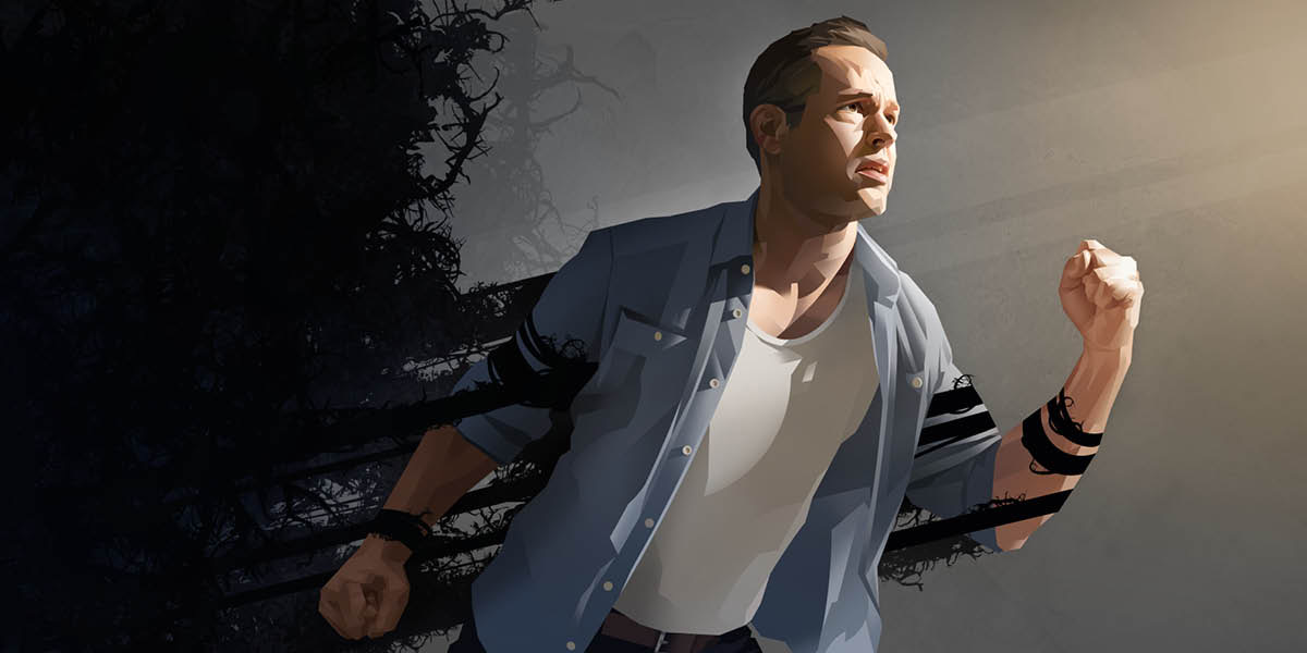 A man breaking free from being entangled in a dense net.