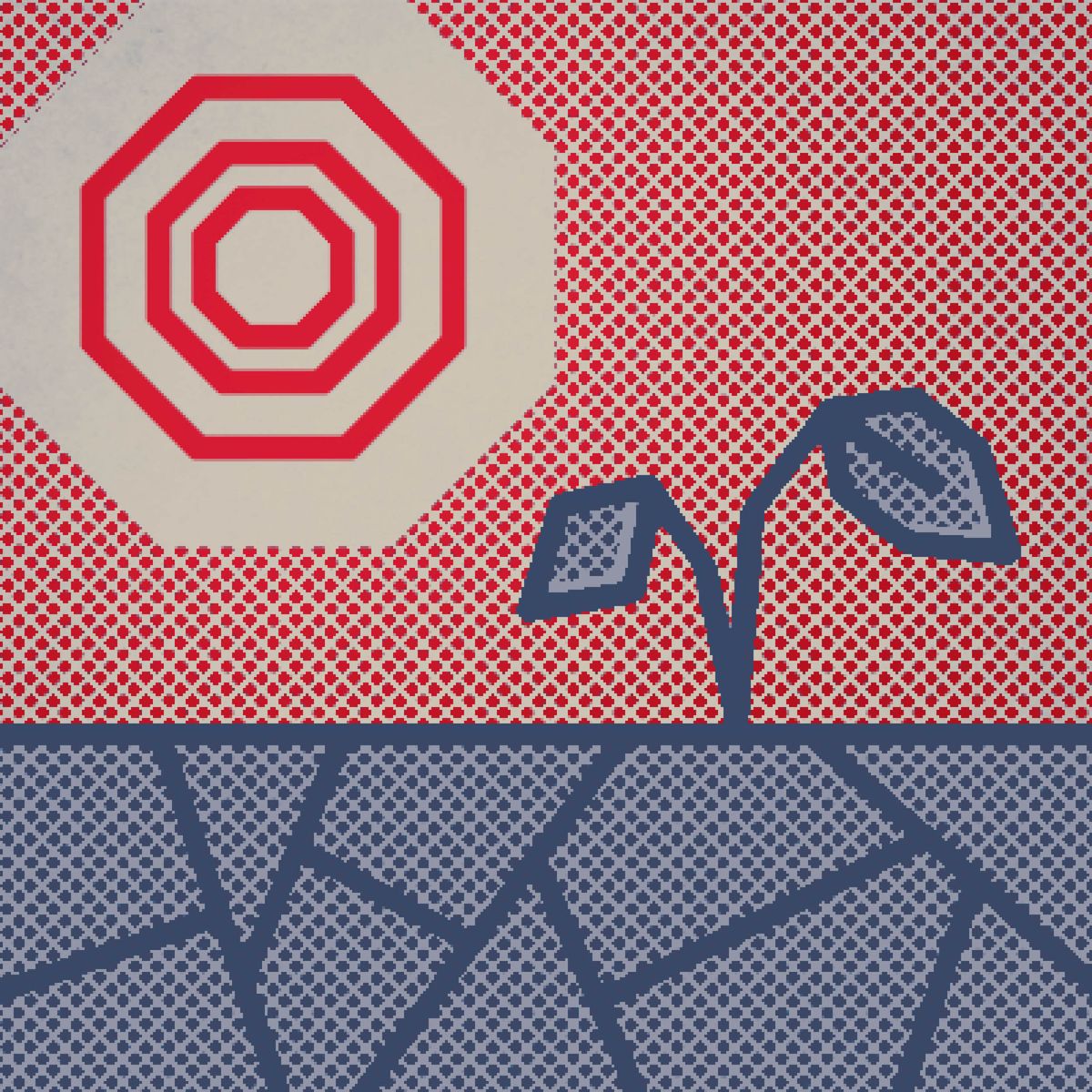 An icon of the sun and a dying plant in parched soil.