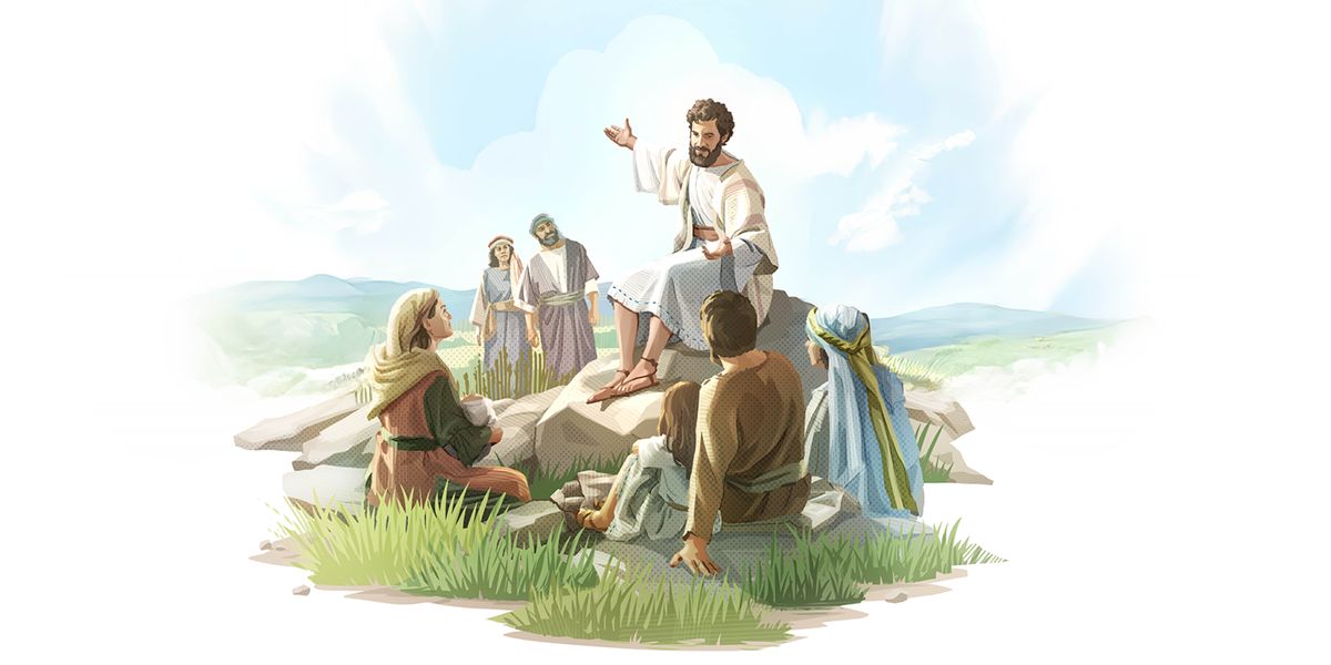 Jesus sitting with a group of his disciples and teaching them.